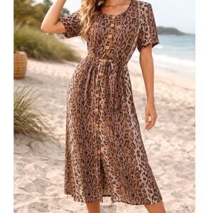 Vtg 80s Bila Animal Print Midi Dress Tie Waist Shoulder Pads SZ M Coastal Beachy